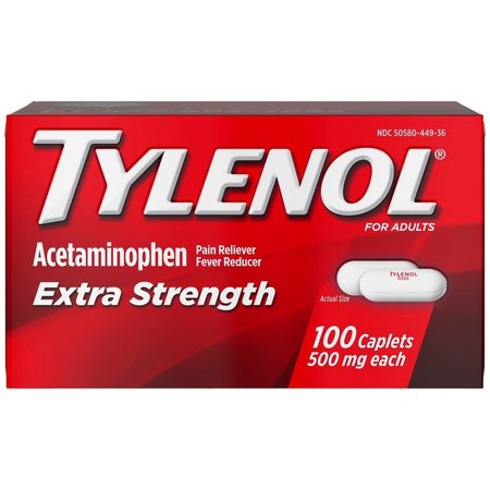 TYLENOL Extra Strength Caplets, 500mg, 100/BX, Red, PK100 JOJ044909